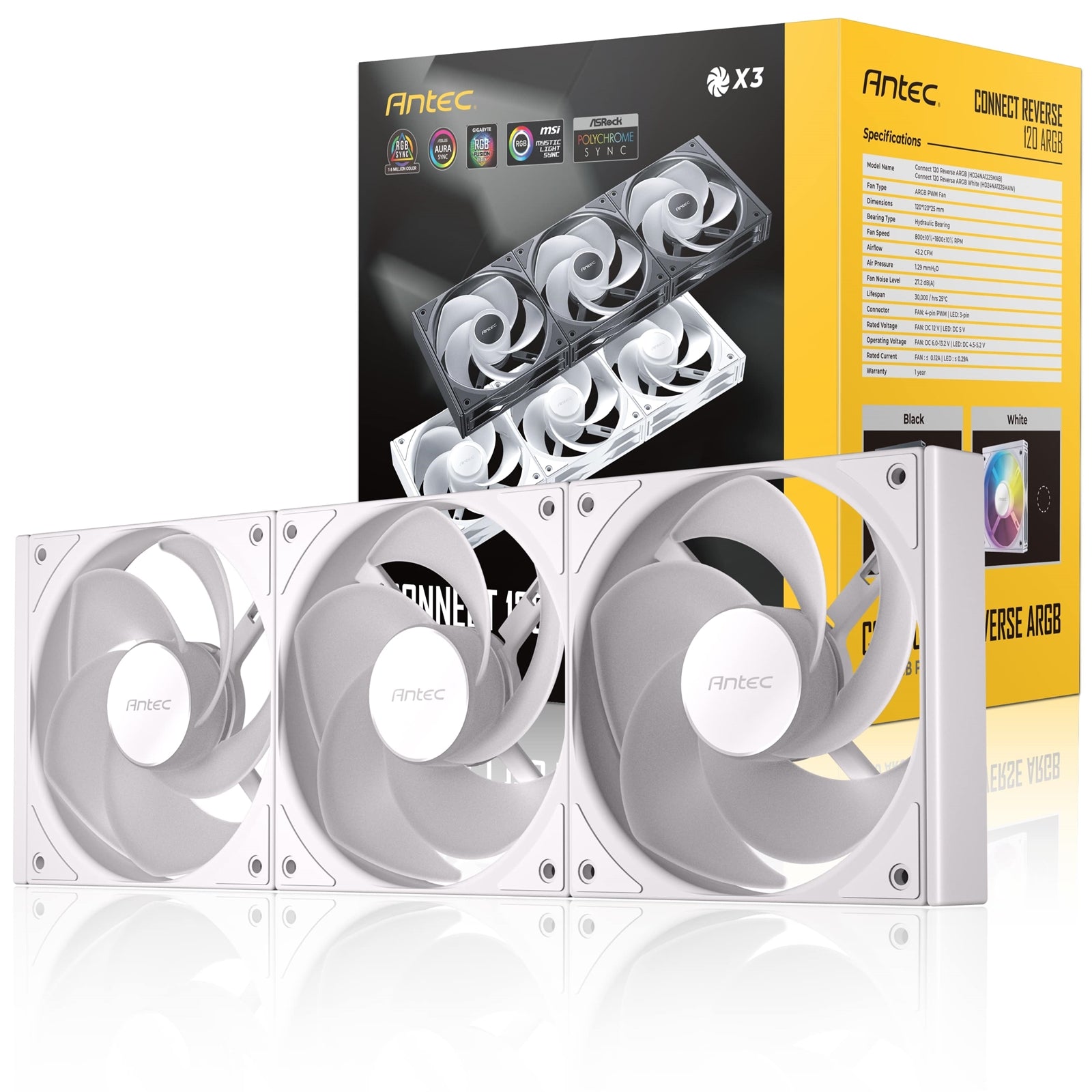 Antec Connect 120 ARGB White Reverse 120mm PWM Fans 3-Pack Antec Connect 120 ARGB White Reverse 120mm PWM Fans 3-Pack
